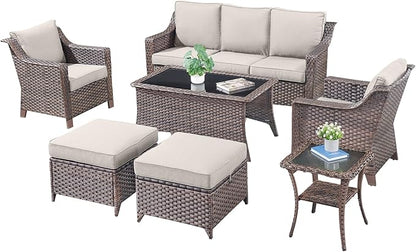 Patio Furniture Set-7 Pieces Outdoor All-Weather Wicker Conversation Set Outdoor Rattan Sofa Couch with Patio Chairs Ottomans for Porch Garden Backyard Poolside-Brown/Beige