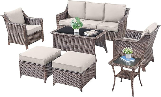 Patio Furniture Set-7 Pieces Outdoor All-Weather Wicker Conversation Set Outdoor Rattan Sofa Couch with Patio Chairs Ottomans for Porch Garden Backyard Poolside-Brown/Beige