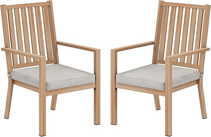 Patio Dining Chair Set of 2, Aluminum Outdoor Dining Chairs with Waterproof Cushions, Metal Outdoor Patio Furniture Seating for Porch, Balcony, Deck, Backyard, Light Wood Color