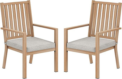 Patio Dining Chair Set of 2, Aluminum Outdoor Dining Chairs with Waterproof Cushions, Metal Outdoor Patio Furniture Seating for Porch, Balcony, Deck, Backyard, Light Wood Color