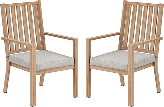 Patio Dining Chair Set of 2, Aluminum Outdoor Dining Chairs with Waterproof Cushions, Metal Outdoor Patio Furniture Seating for Porch, Balcony, Deck, Backyard, Light Wood Color