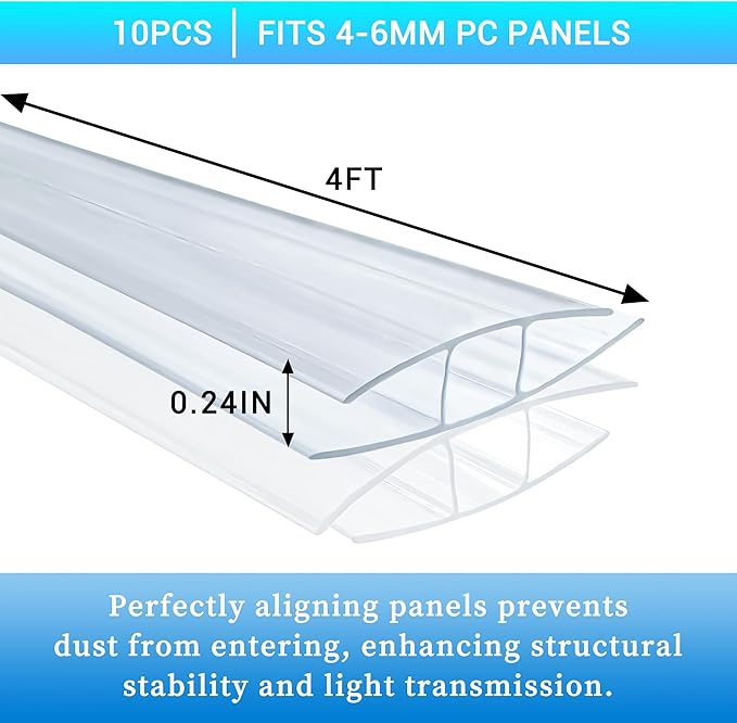 10 PCS Polycarbonate Greenhouse H-Clip Connectors 4ft Length, Fits 0.16’’ & 0.24’’ Twin-Wall Polycarbonate Panels Duty Dust, Rain & Moisture Protection Durable (H-Clip 4' × 1.57’’ × 0.24’’)