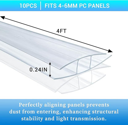 10 PCS Polycarbonate Greenhouse H-Clip Connectors 4ft Length, Fits 0.16’’ & 0.24’’ Twin-Wall Polycarbonate Panels Duty Dust, Rain & Moisture Protection Durable (H-Clip 4' × 1.57’’ × 0.24’’)