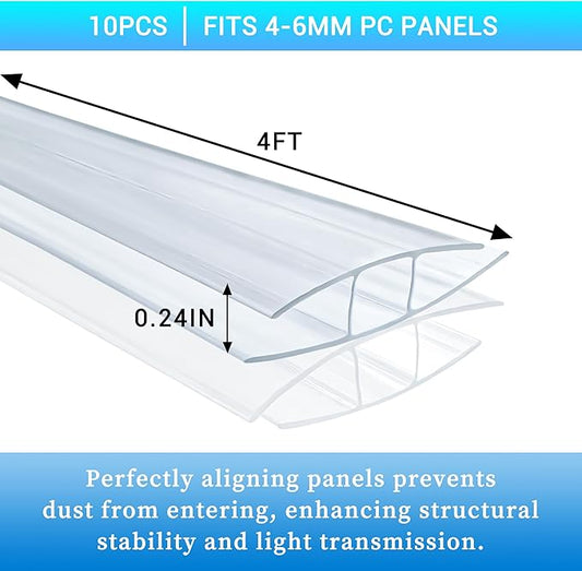 10 PCS Polycarbonate Greenhouse H-Clip Connectors 4ft Length, Fits 0.16’’ & 0.24’’ Twin-Wall Polycarbonate Panels Duty Dust, Rain & Moisture Protection Durable (H-Clip 4' × 1.57’’ × 0.24’’)