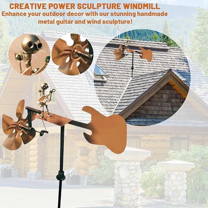 Guitarist Wind Sculptures & Spinners, Kinetic Sculpture Windmills, Metal Art Musician Figurine Wind Mill for Garden Yard Lawn Patio, Unique Garden Windmill Gift for Music Lover