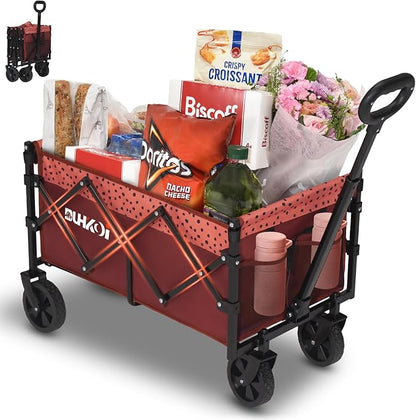 Collapsible Wagon Cart with Wheels Foldable,11 Lbs Lightweight Portable Folding Utility Wagon,90 L Heavy Duty Grocery Shopping Carts,Versatile for Garden Sports Camping Outdoor Use (Brick Dot)