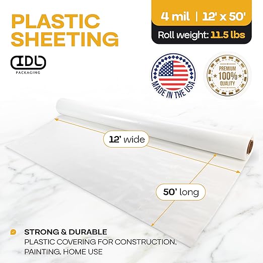 Plastic Sheeting 4 mil, 12' x 50' (600 sq. ft.) - Semi-Clear LDPE Film Roll - Plastic Covers for Furniture and Construction, Painting, Slide&Slip - Thick Heavy Plastic Sheeting by IDL Packaging