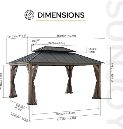 SUNJOY 12x16 Hardtop Wood Gazebo with Galvanized Steel Roof and Mosquito Netting, Outdoor Permanent Pavilion Cedar Gazebo for Backyard, Garden, Patio, Deck, Lawn