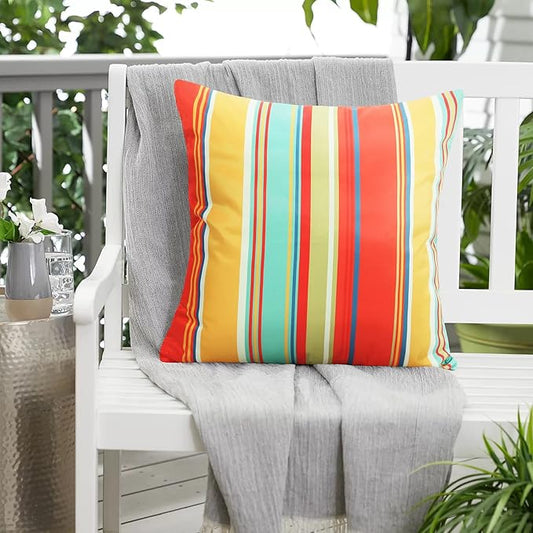 Pyonic Outdoor Pillow Covers Waterproof Throw Pillow Covers Set of 2,Decorative Square Beach Pillowcase Patio Pillows for Porch Furniture Tent Garden Couch,Color Stripe(Red) 20x20Inches