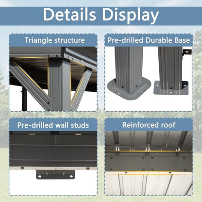 Domi 10’x10’ Wall-Mounted Hardtop Gazebo Pergola – Permanent Lean-to Outdoor Shelter with Sloped Galvanized Steel Roof & Upgraded Drainage – Grey Metal Patio Cover for Backyard, Deck, Garden