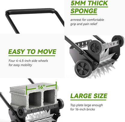 18-Inch Lawn Aerator,Heavy Duty Push Spike Aerator with 4 Wheels,Aerator Lawn Tool with Steel Handle, Manual Aerator Lawn Tool with Foam Armrests, Suitable for Lawn, Garden and Yard