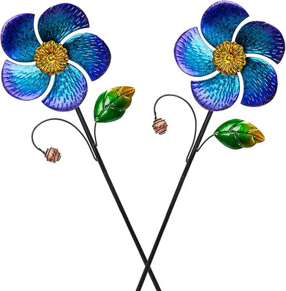 Viveta 2 Pack Wind Spinners with Metal Stake, 28.7 inches Outdoor Garden Pinwheels Spinners Blue Flower Shape Design for Yard Lawn Patio Decor