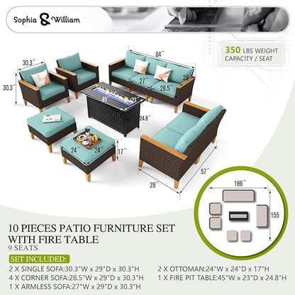 Sophia & William Patio Furniture Set with Fire Pit Table, 10 Piece Outdoor Wicker Furniture Sectional Sofa, Extra Large Patio Rattan Conversation Set with Ottoman & 45" Fire Pit Table(Aqua Blue)