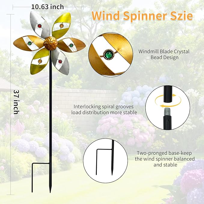 Wind Spinners Outdoor Metal, 10.63" W*37" H Pinwheels for Yard and Garden Decor, Kinetic Wind Sculpture Spinner (Gold Ornate Crystal Bead)
