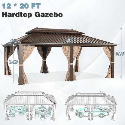 MELLCOM 12'x20' Hardtop Gazebo, Galvanized Steel Metal Double Roof Aluminum Gazebos with Curtains and Netting, Brown Permanent Pavilion with Aluminum Frame for Patio, Lawn & Garden