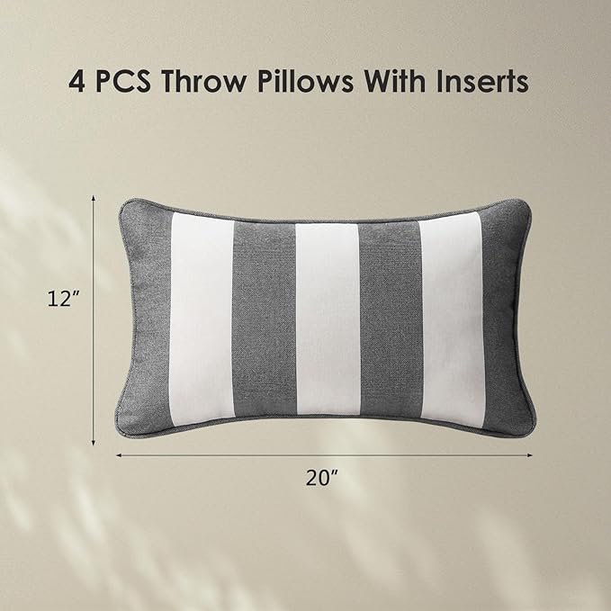 Decorative Outdoor Water Repellent Throw Pillows with Inserts, Set of 4, 20" x12" Pillows for Patio, Backyard, Bed, Couch, and Patio Furniture, Gray Stripe