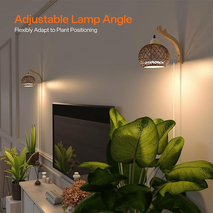 Bstrip Hanging Grow Lights for Indoor Plants, 18W Full Spectrum, Boho Rattan Lantern Shade, 3800K Wall-Mounted Decorative Plant Light with 9.8FT Power Cord, Ideal for Tall Plants, Flowers
