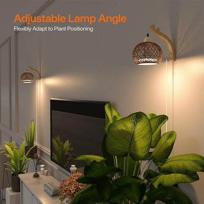 Bstrip Hanging Grow Lights for Indoor Plants, 18W Full Spectrum, Boho Rattan Lantern Shade, 3800K Wall-Mounted Decorative Plant Light with 9.8FT Power Cord, Ideal for Tall Plants, Flowers