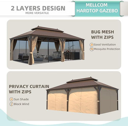 MELLCOM 14' x 22' Hardtop Gazebo,Galvanized Steel Metal Double Roof with Curtain and Netting,Brown Permanent Pavilion Gazebos with Aluminum Frame for Patios,Gardens,Lawns