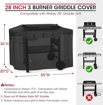 Unicook Griddle Cover Compatible with Weber 28 Inch Gas Griddle, 55" Grill Cover Compared to Weber 7771, Heavy Duty Waterproof 3 Burner Flat Top BBQ Protector with Hood, All Weather Protection, Black