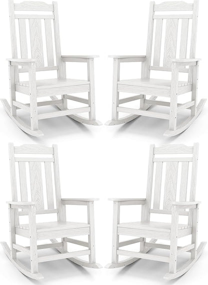SERWALL Outdoor Rocking Chair White Set of 4, All Weather Patio Rocking Chair, HDPE Poly Rocking Chair for Adults, Heavy Duty Front Porch Rocker