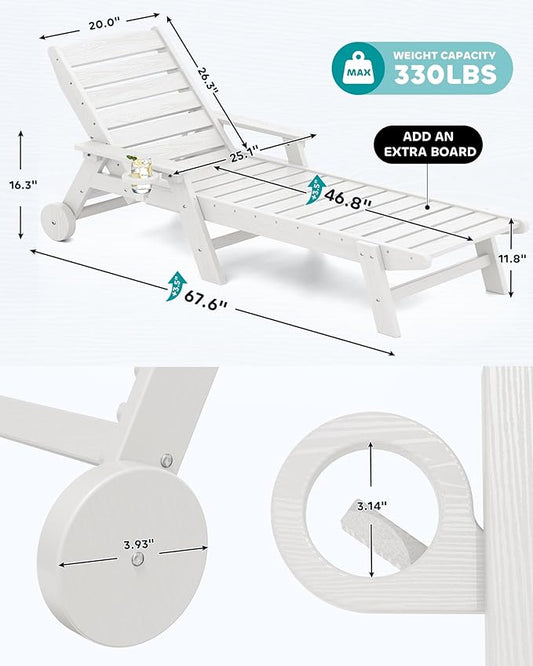 SERWALL Patio Chaise Lounge Chair Set of 6, 5 Positions Adjustable Poly Outdoor Lounge Chair for Pool, HDPE Lounge Chair with Rolling Wheels & Cup Holder for Poolside, Deck, White