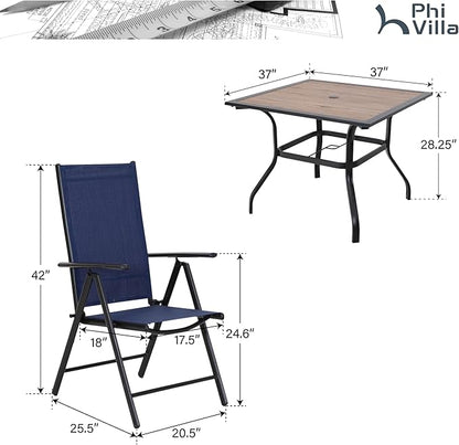 PHI VILLA 5-Piece Patio Dining Set for Outdoor, Patio Table and Chairs Set with Square Wooden-Like Table & Patio Folding Sling Chairs (Blue)