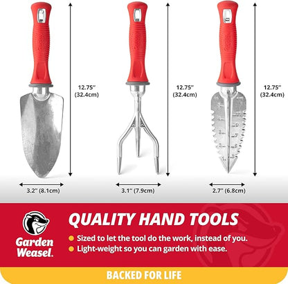 Garden Weasel 3-Piece Hand Tool Combo Set | Trowel, Transplanter and Cultivator | Heavy Duty Lawn and Garden Set, Digging, Planting, and Weeding | 91370-Q