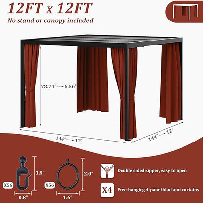 Gazebo Universal Replacement Privacy Curtain,12'×12' Gazebo Outdoor Waterproof Curtains, 4-Panels Sidewall Curtains with Double Zipper for Patio Canopy, Garden and Backyard (Curtain Only)