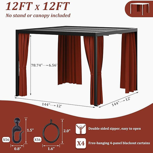 Gazebo Universal Replacement Privacy Curtain,12'×12' Gazebo Outdoor Waterproof Curtains, 4-Panels Sidewall Curtains with Double Zipper for Patio Canopy, Garden and Backyard (Curtain Only)