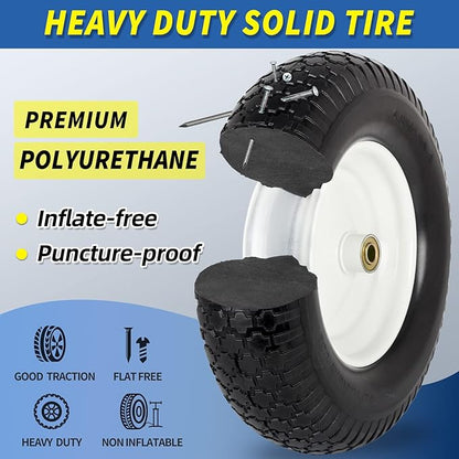 4.80/4.00-8" Wheelbarrow Tire, 16" Flat-Free Solid Tire and Wheel, 3" Centered Hub, 5/8" Axle Bore Hole,for Garden Wagon Cart Trolley Dolly Replacement(2 Pack)