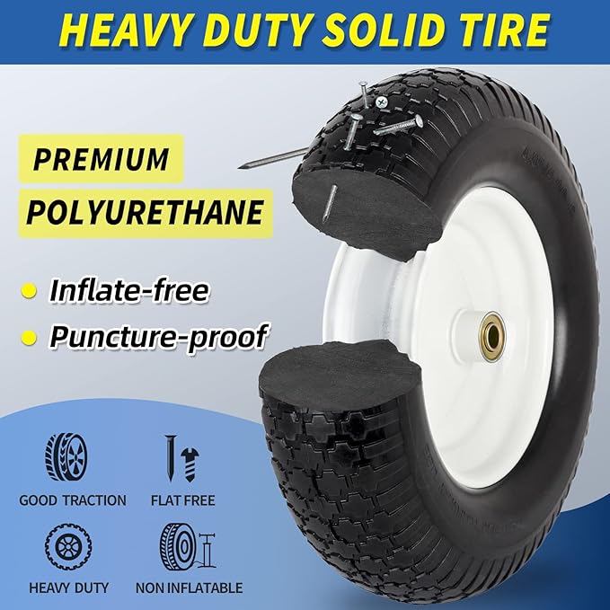 4.80/4.00-8" Wheelbarrow Tire, 16" Flat-Free Solid Tire and Wheel, 3-6" Centered Hub, 5/8" & 3/4" Bearing, For Broadcast Spreader Garden Wagon Cart Trolley Dolly Lawn Mover (1 Pack)
