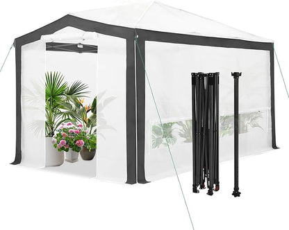 EAGLE PEAK 12x8 Portable Walk in Greenhouse with Polyester Reinforced Corners, Instant Pop up Indoor Outdoor Gardening Green House, Roll Up Zipper Doors Mesh Windows & Winter Support Pole, Gray/White