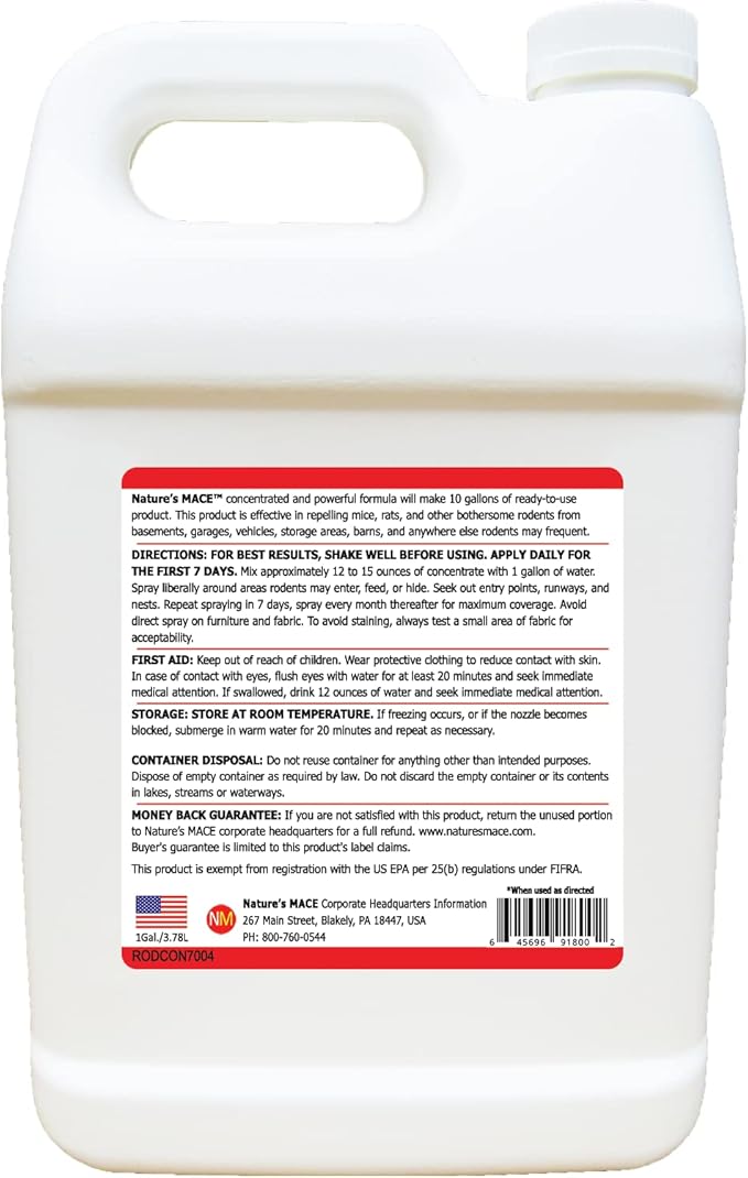 Nature’s MACE Rodent Repellent 1 Gal Concentrate Covers 87,000 Sq Ft, Rodent Repellent Outdoor, Keep Rodents Out of Home, Garage, Attic, Peppermint Spray Blend for Rodents, Safe Around Kids & Pets