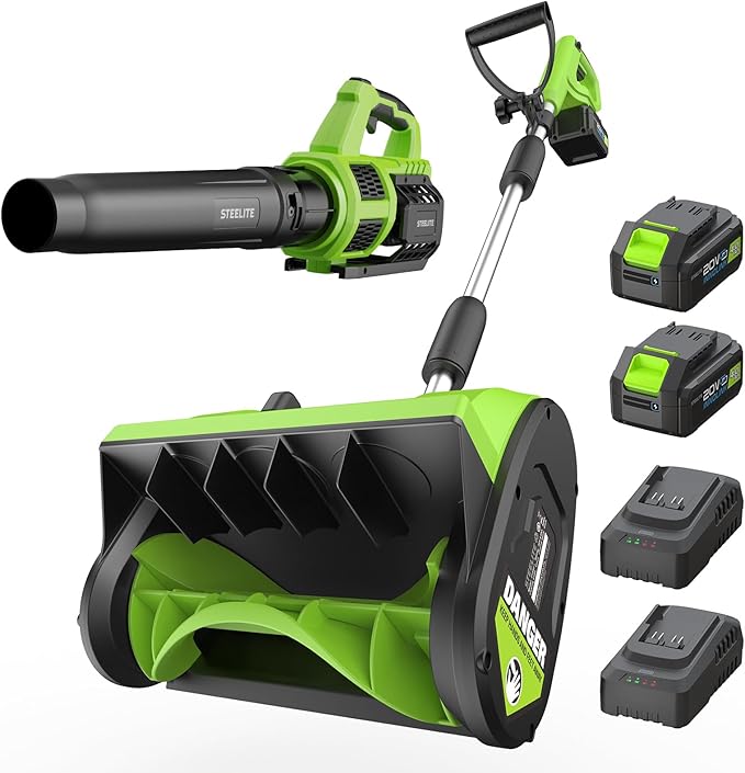 STEELITE 21V Snow Shovel and Leaf Blower Combo, 12-Inch Clearing, 20-Foot Throw, Includes 2×4.0Ah Batteries & 2 Quick Chargers, Extended Runtime (Ships in 2 Packages)