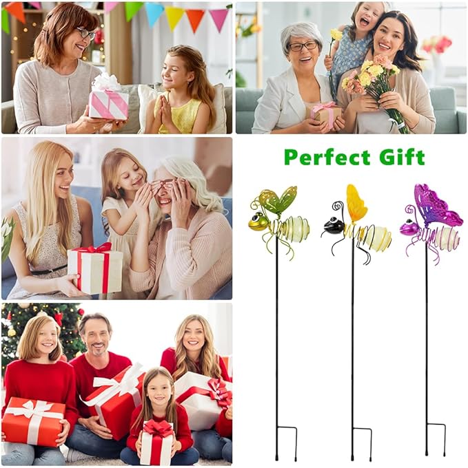 Garden Decor for Outside,3 Pcs Insect Garden Decorative Stakes,Glow in The Dark Bee Metal Yard Art,Waterproof Outdoor Spring Lawn Patio Pathway Decoration for Mom,Women,Grandma