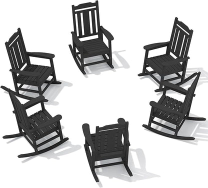 SERWALL Outdoor Rocking Chair Set of 6, Patio Rocking Chair Sets, HDPE Rocking Chair for Adults, Black