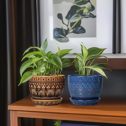G EPGardening Ceramic Pot for Plants 5.5 Inch - Ceramic Plant Pot with Drainage Hole and Saucer, Boho Round Planter for Indoor Outdoor Plants, Plant Lover Gifts, Office Garden House Decor, Brown