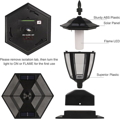 Dynaming Solar Flame Post Lights Outdoor, Solar Powered Lamps Fence Post Cap Lights, Flickering Flame LED Lantern Decorative Waterproof for Garden Deck Patio, Fit 4x4, 5x5 or 6x6 Wooden Posts, 6 Pack