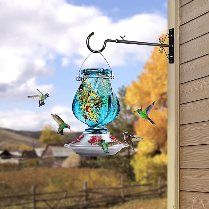 BOLITE Hummingbird Feeder, Hand Blown Glass Hummingbird Feeders for Outdoors Hanging, with Ant Moat and 5 Feeding Ports, 22 Ounces, Blue, Birthday Gifts for Women Men, Gifts for Mom Dad