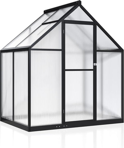 WKM Greenhouse for Outdoors 4x6 FT, Polycarbonate Green House with Roof Vent and Quick Setup Structure, Aluminum Greenhouse for Garden Backyard, Black