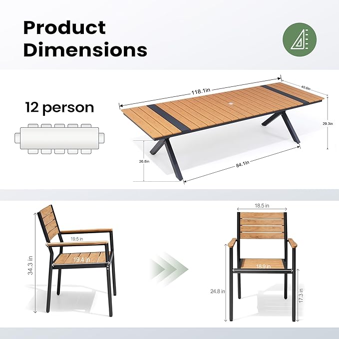 Pellebant 13 Piece Patio Table and Chairs Set for 12, Aluminum Outdoor Dining Set with Umbrella Hole, Stackable Dining Chairs & 114" Dining Table, Brown