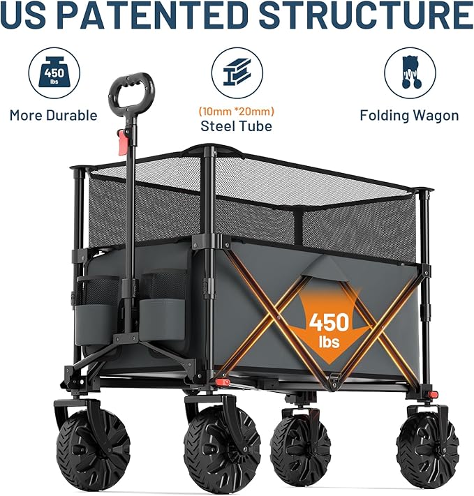 TIMBER RIDGE Foldable Wagon 350L Extendable Height, Large Capasity Collapsible Wagon Cart with All Terrians Detachable Wheels, Compact Folding Utility Wagon for Camping, Fishing, Shopping Grey