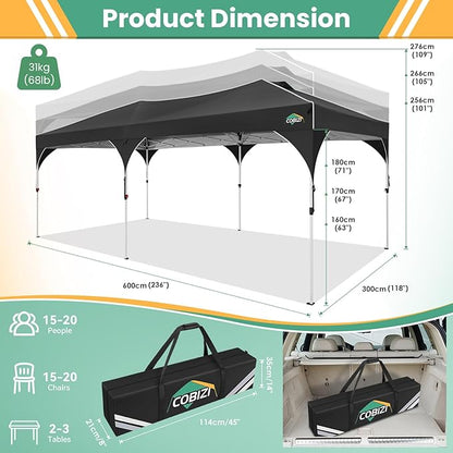 COBIZI 10x20 Pop Up Canopy Tent with 4 Sidewalls, Instant One-Push Setup, Commercial Canopy with Air Vent & Reflective Strip, UPF 50+ Waterproof Party Tent with Sandbags & Stakes for Events (Black)