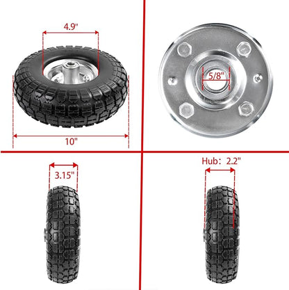 4.10/3.50-4 Tire Wheels Flat Free 10" Heavy Duty Solid Flat-Free Replacement Tire with 5/8 Axle Compatible with Gorilla Carts, Wheelbarrow, Dolly, Hand Truck (2-Pack)