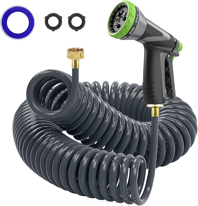 Coil Hose,3/8" EVA Coil Garden Hose 25 FT,Curly Water Hose Lightweight with Brass Connectors,Recoil Garden Hose Includes 8-Pattern Spray Nozzle for Boat, Yard, Patio, Green