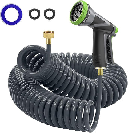Coil Hose,3/8" EVA Coil Garden Hose 50 FT,Curly Water Hose Lightweight with Brass Connectors,Recoil Garden Hose Includes 8-Pattern Spray Nozzle for Boat, Yard, Patio, Green
