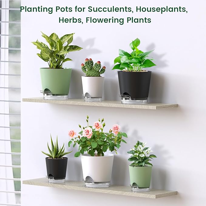 4 inch Self Watering Pots for Indoor Plants, 5 Pack Small Flower Plant Pots with Drainage Holes and Clear Reservoirs, Visible Water Level, Plastic Planters with Wicking Rope, Black