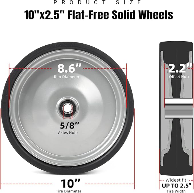 AR-PRO (2-Pack) 10"x2.2" Flat Free Solid Rubber Replacement Tires – 10 Inch Solid Wheels for Hand Trucks, Dollies, Utility Carts, and Wheelbarrows with 2.2" Offset and 5/8" Axle Hole