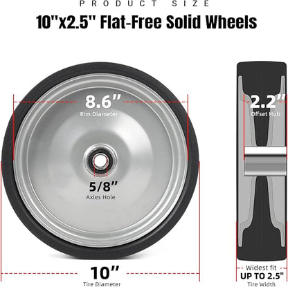 AR-PRO (2-Pack) 10"x2.2" Flat Free Solid Rubber Replacement Tires – 10 Inch Solid Wheels for Hand Trucks, Dollies, Utility Carts, and Wheelbarrows with 2.2" Offset and 5/8" Axle Hole